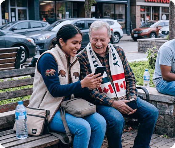 Community members sharing a moment on a mobile phone